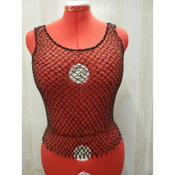 Y2K Black Beaded Mesh Tank Top, Fishnet crochet, Whimsygoth Grunge Punk Festival - Picture 1 of 9